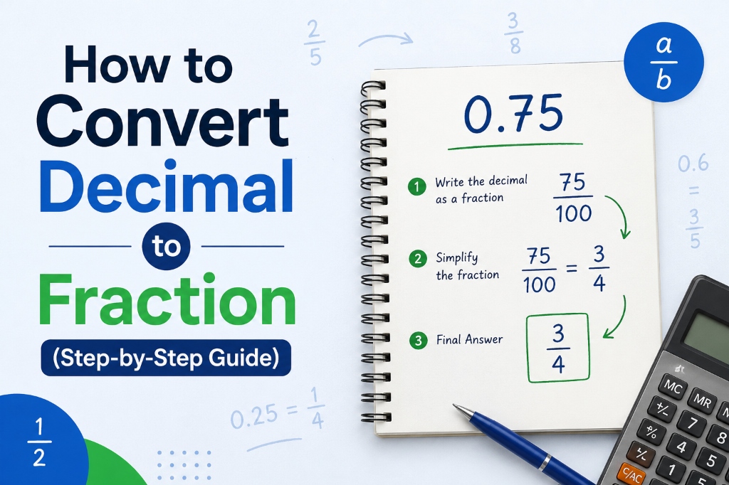 How to Convert Decimal to Fraction Step-by-Step Guide - notebook illustrating step 1, 2, and 3 for converting 0.75 to 3/4 with a calculator